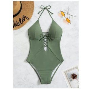 SHEIN Women's Lace Up Plunging One Piece Swimsuit in Army Green Size 8/12 NWT